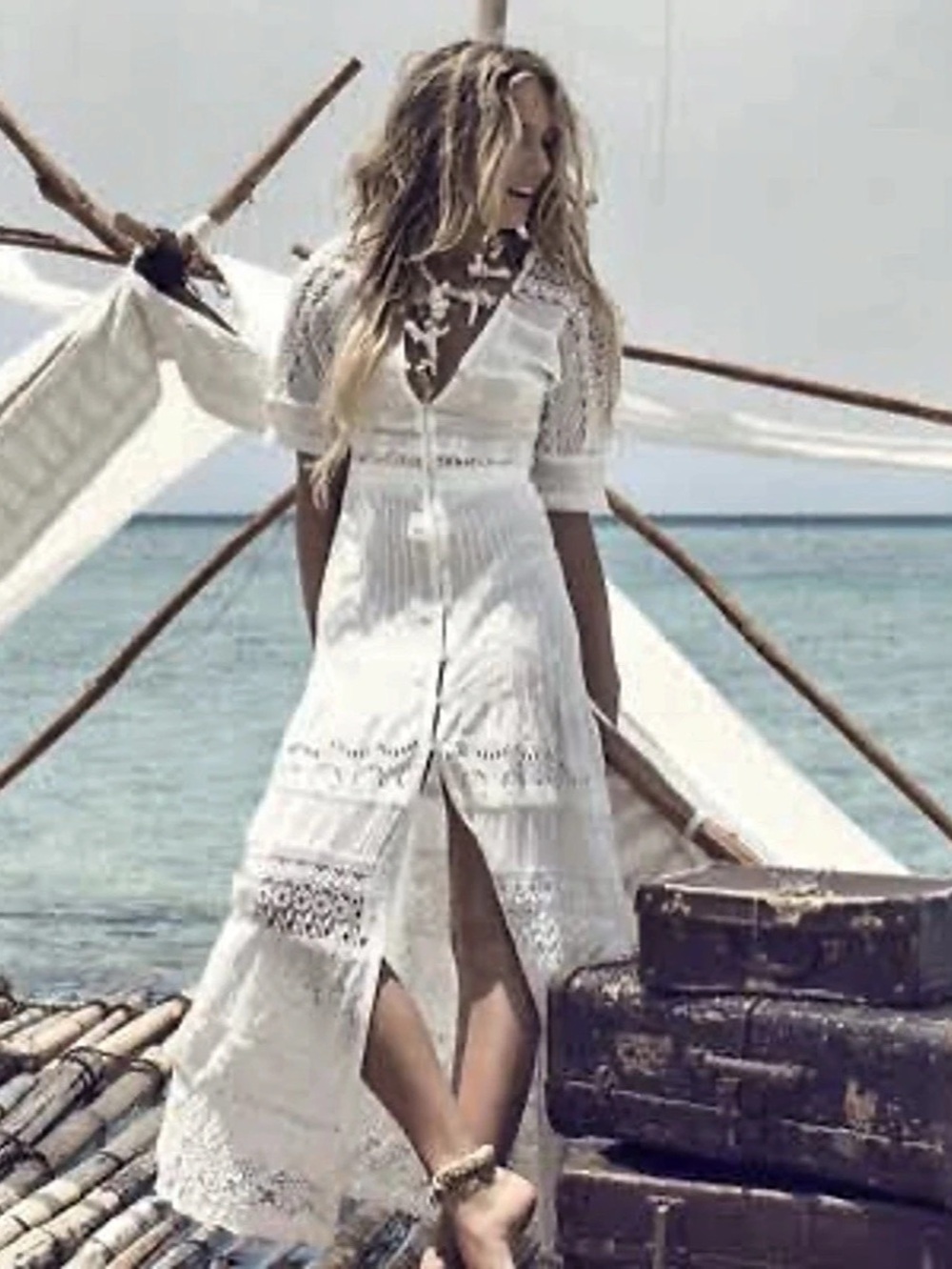 Spell & The Gypsy Saharan Embroidered Eyelet Maxi Dress in White Size Large